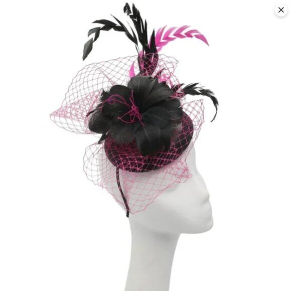 Sinamay Handmade Pink & Black Feather Fascinator | Derby Wedding Hat Headband - Picture 8 of 8